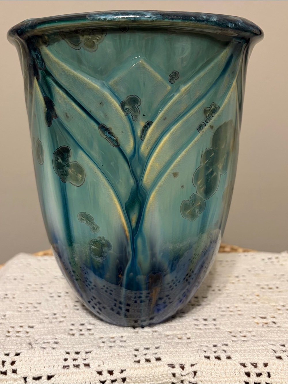 Bill Campbell Studio Art Pottery Flambeaux Crystalline Vase Blue Green